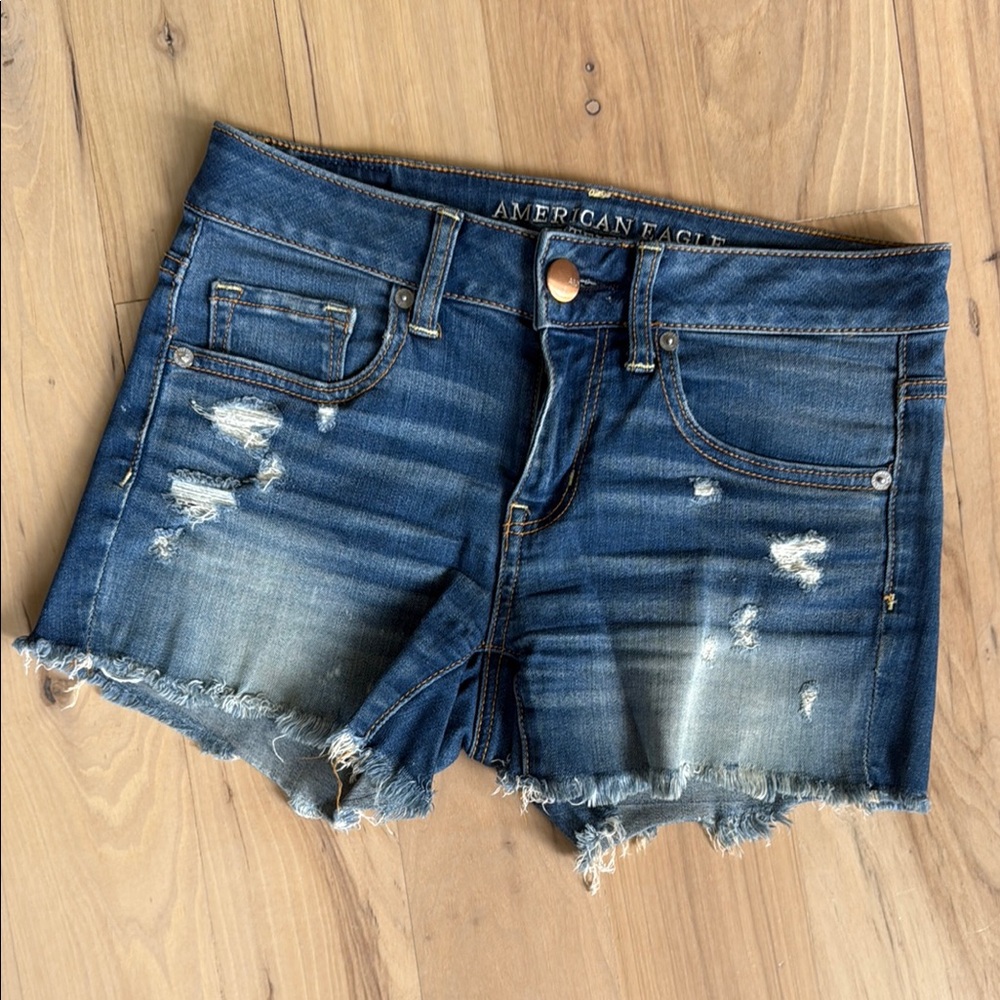 American Eagle Outfitters Blue Distressed Midi Jean Shorts